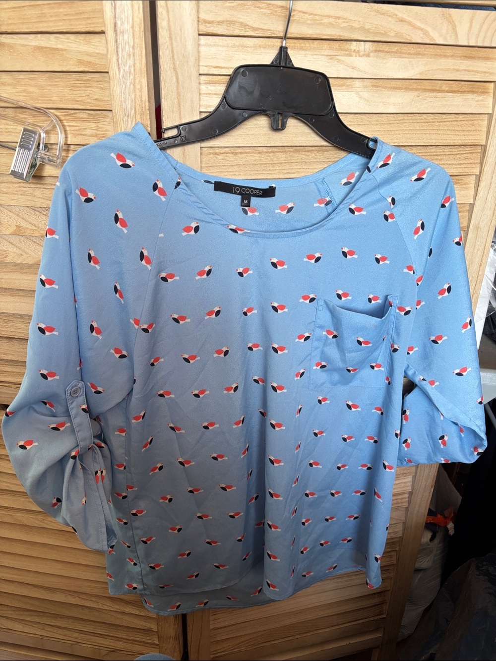 19 Cooper Light Blue Blouse with Red & White Bird Print Medium